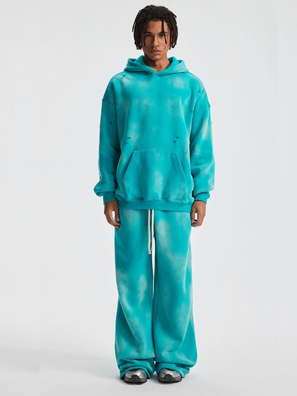 Vintage Hoodie Sweatpants Set Unisex Washed Distressed Velvet Winter Tracksuit