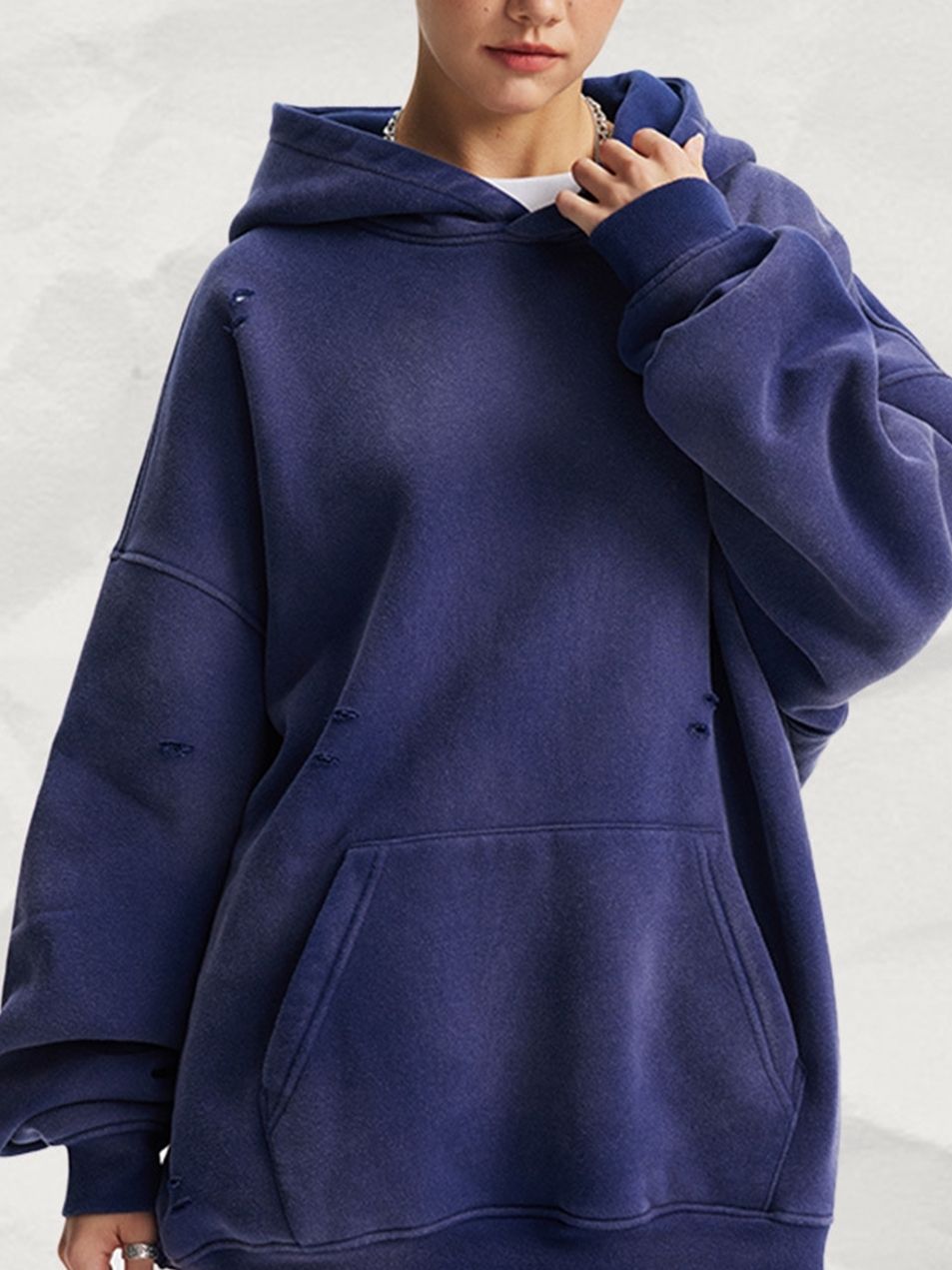 Unisex Oversized Hoodie Washed Distressed Velvet Retro Winter Style