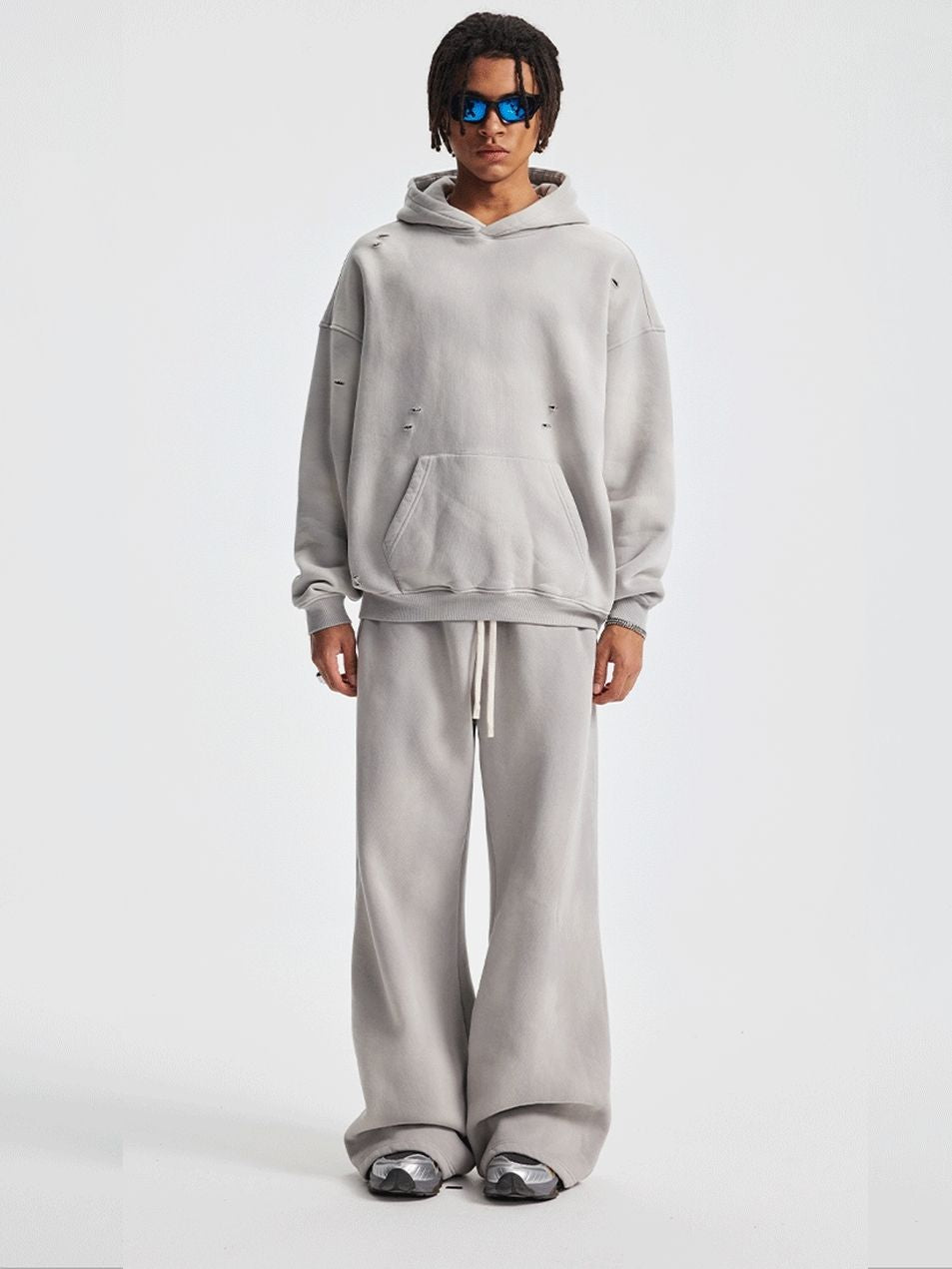 Vintage Hoodie Sweatpants Set Unisex Washed Distressed Velvet Winter Tracksuit