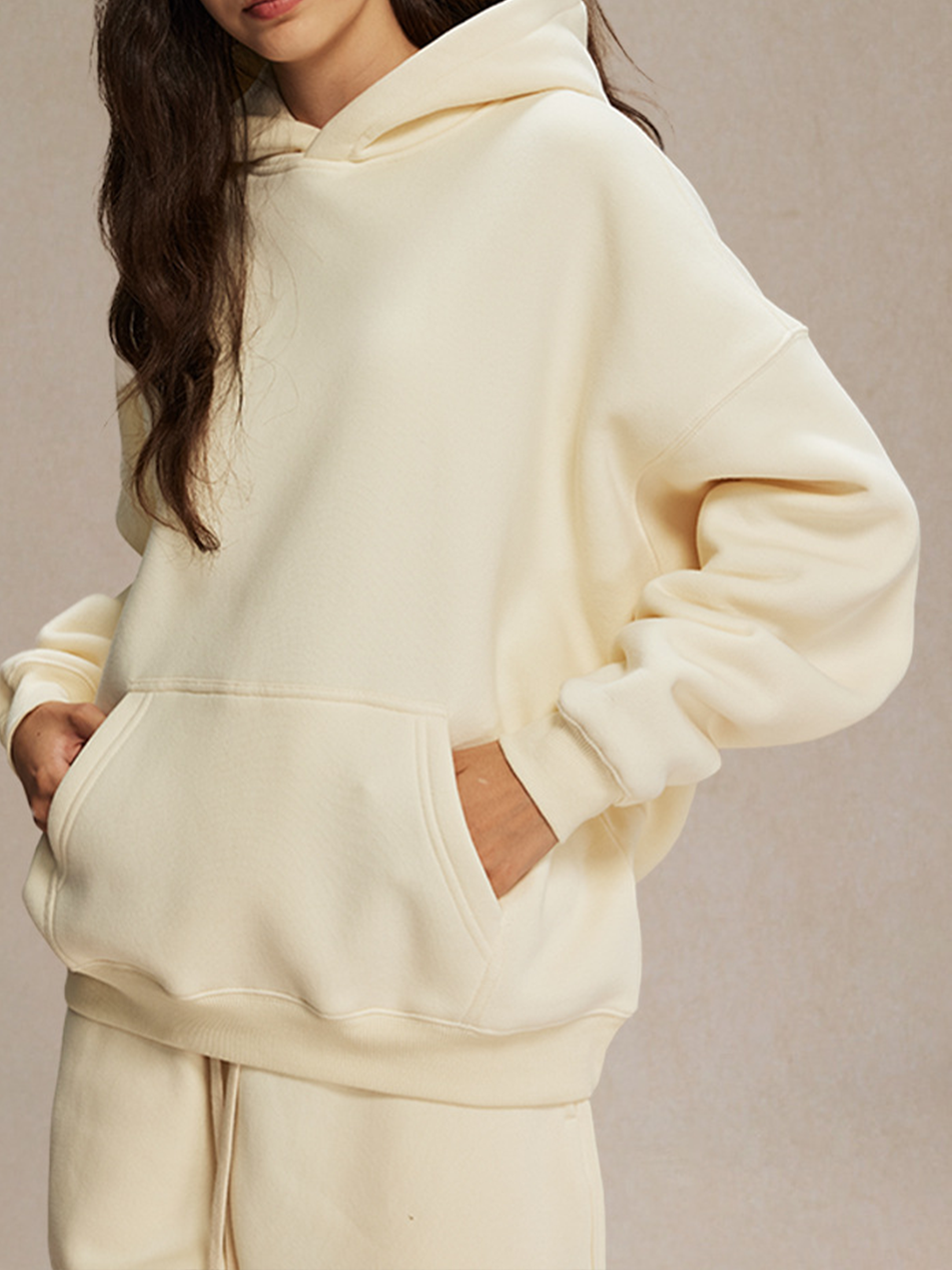 Unisex Beige Hoodie Oversized Fit Cozy Fleece Everyday Streetwear